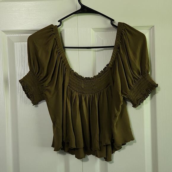Urban Outfitters Army Green Square Neck Balloon Short Sleeve Crop Top Size Med - Picture 2 of 9